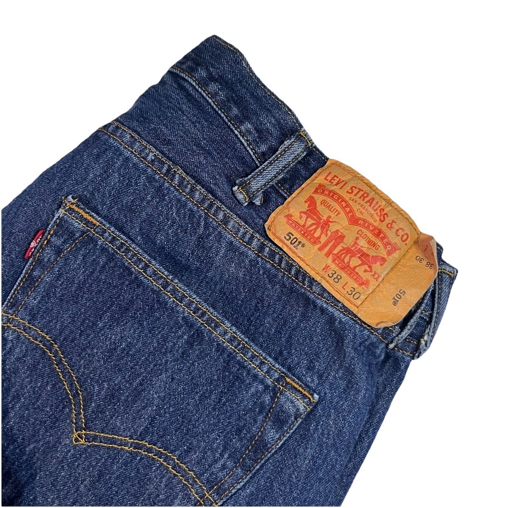 Levis Men's 501 Button Fly‎ Straight Jeans Dark Blue Wash 38x25  Hemmed Euc Read